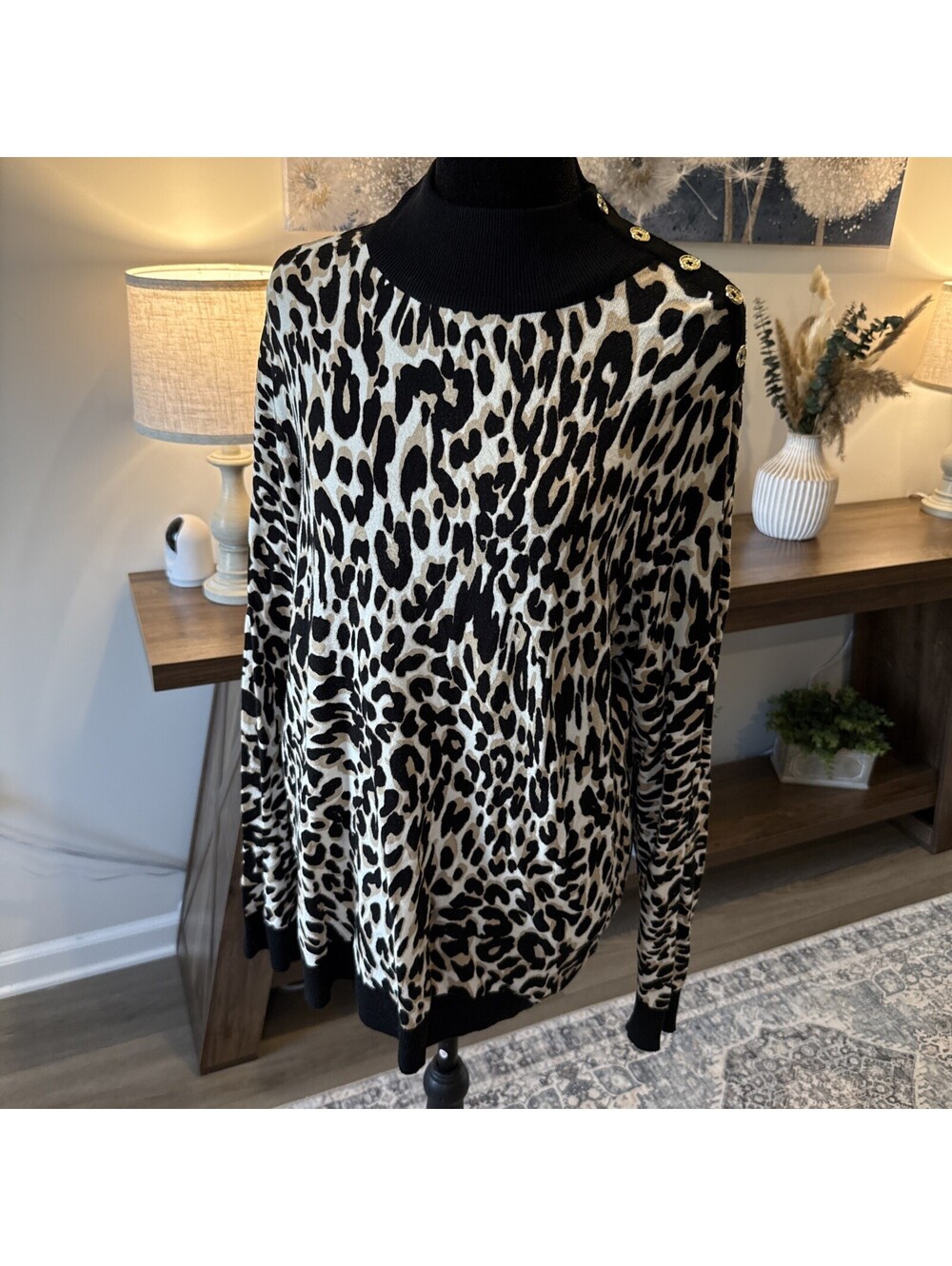 Calvin Klein Womens L Leopard Tan Black Mock Neck Sweater, Gold Look Buttons
